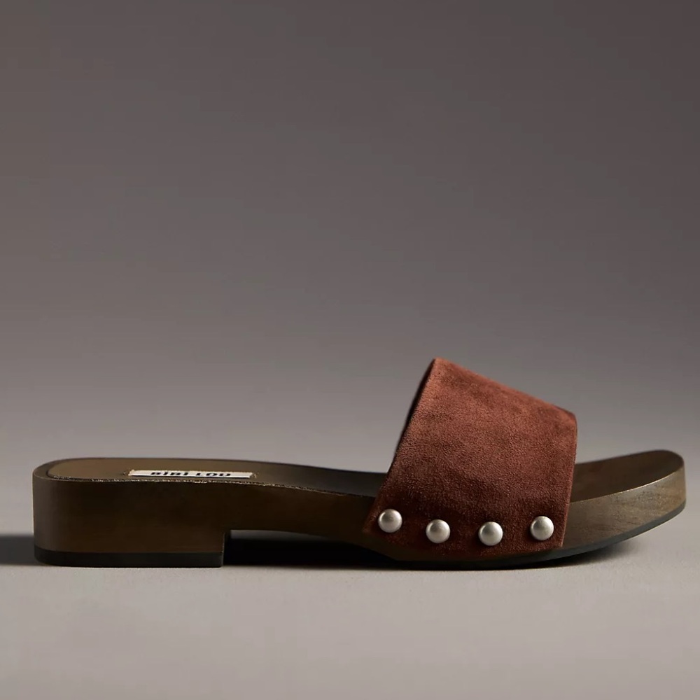 Brown Suede Slide Sandals with Stud Detail - Women